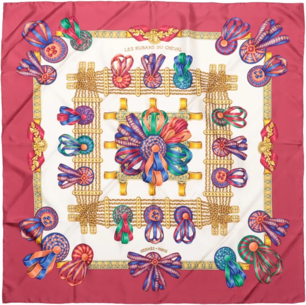 Hermès Hermès Carré 90 "LES RUBANS DU CHEVAL" 100% Silk Scarf in Burgundy Maroon