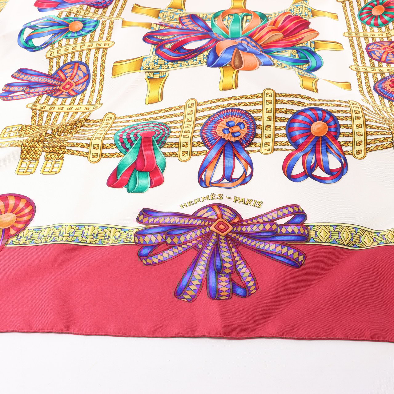 Hermès Hermès Carré 90 "LES RUBANS DU CHEVAL" 100% Silk Scarf in Burgundy Maroon