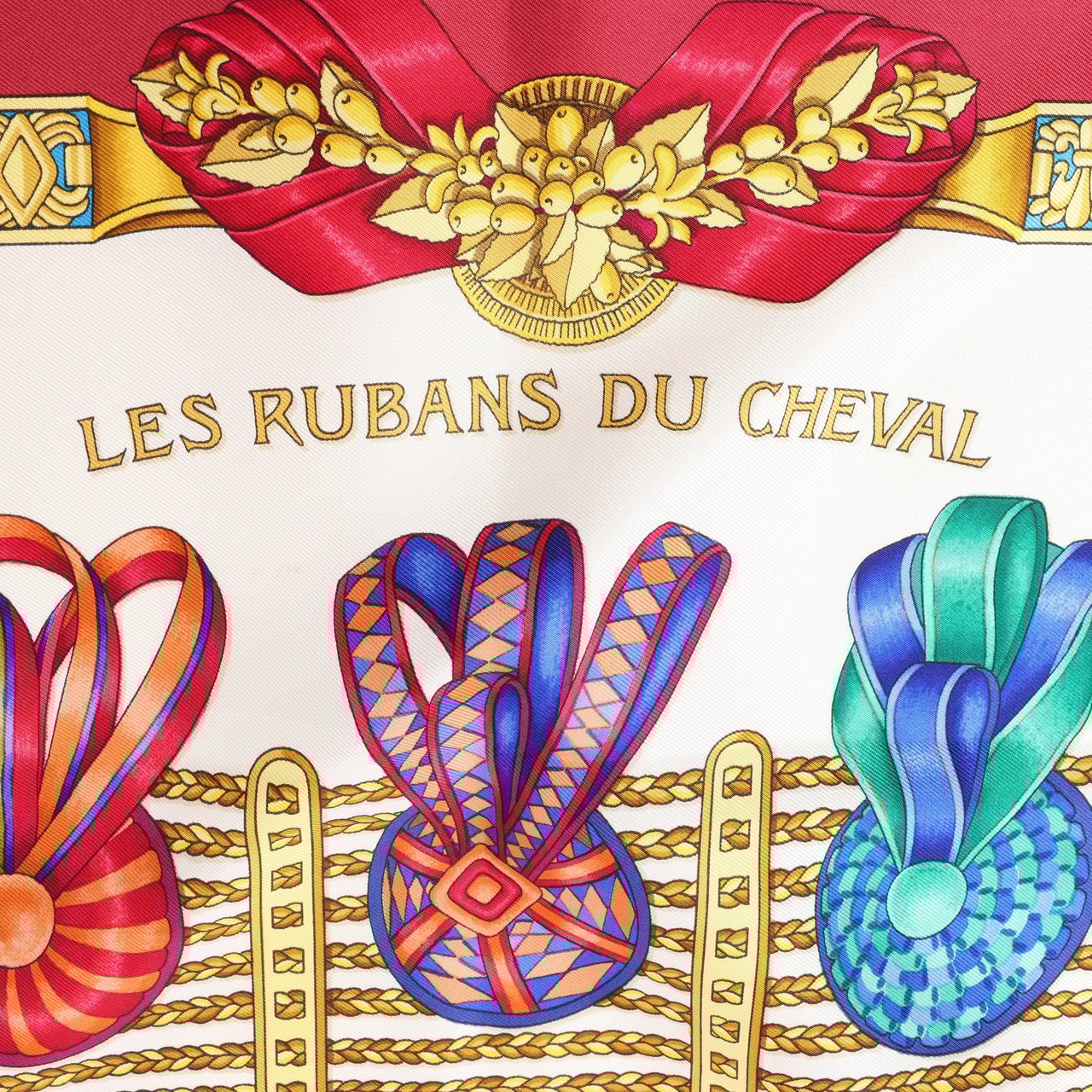 Hermès Hermès Carré 90 "LES RUBANS DU CHEVAL" 100% Silk Scarf in Burgundy Maroon