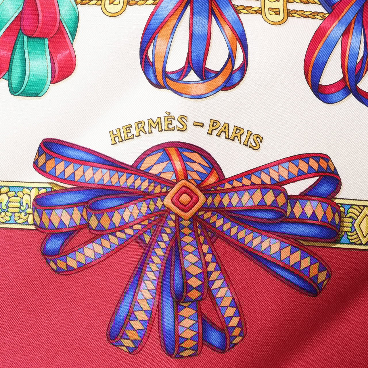 Hermès Hermès Carré 90 "LES RUBANS DU CHEVAL" 100% Silk Scarf in Burgundy Maroon