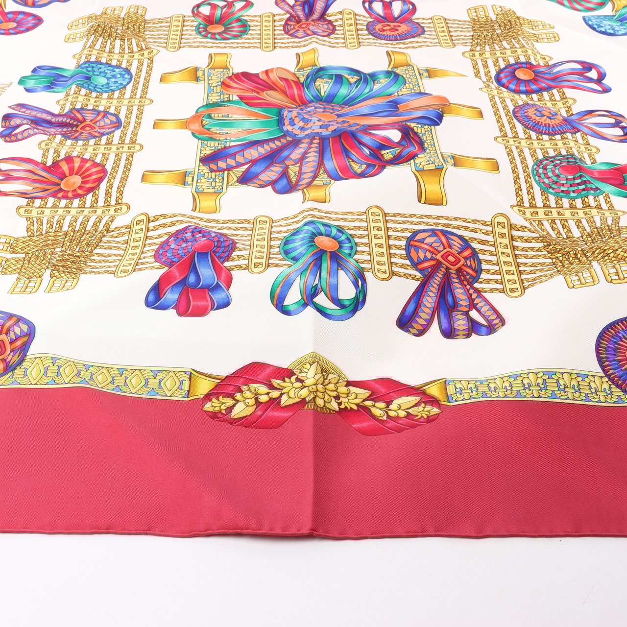 Hermès Hermès Carré 90 "LES RUBANS DU CHEVAL" 100% Silk Scarf in Burgundy Maroon