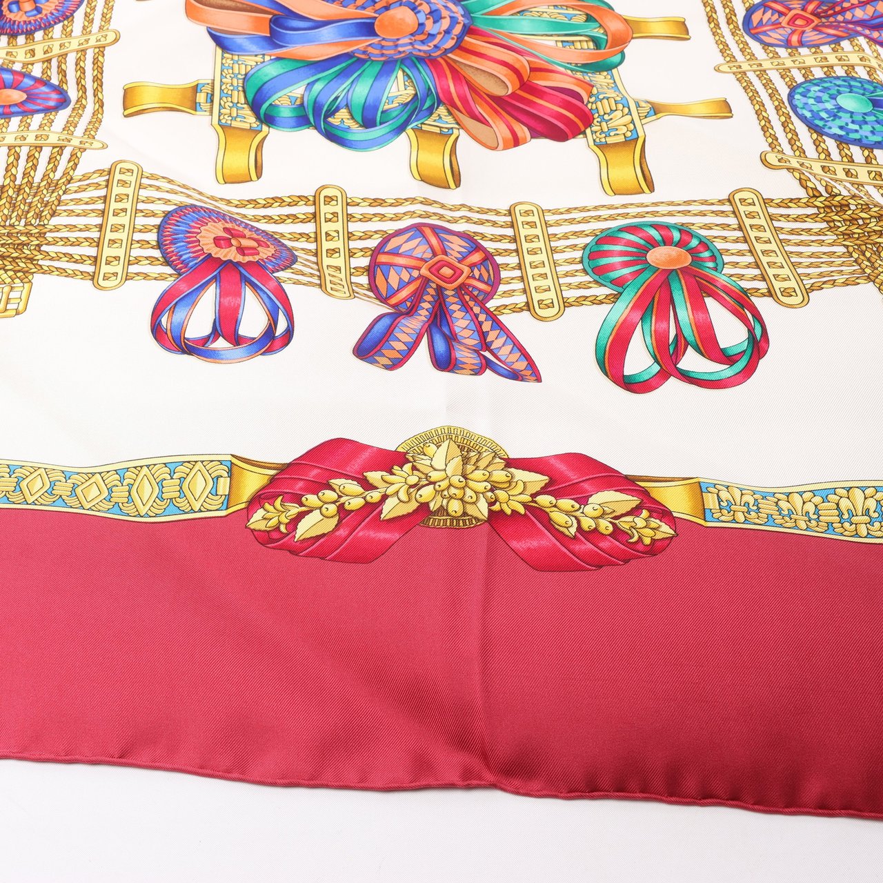 Hermès Hermès Carré 90 "LES RUBANS DU CHEVAL" 100% Silk Scarf in Burgundy Maroon