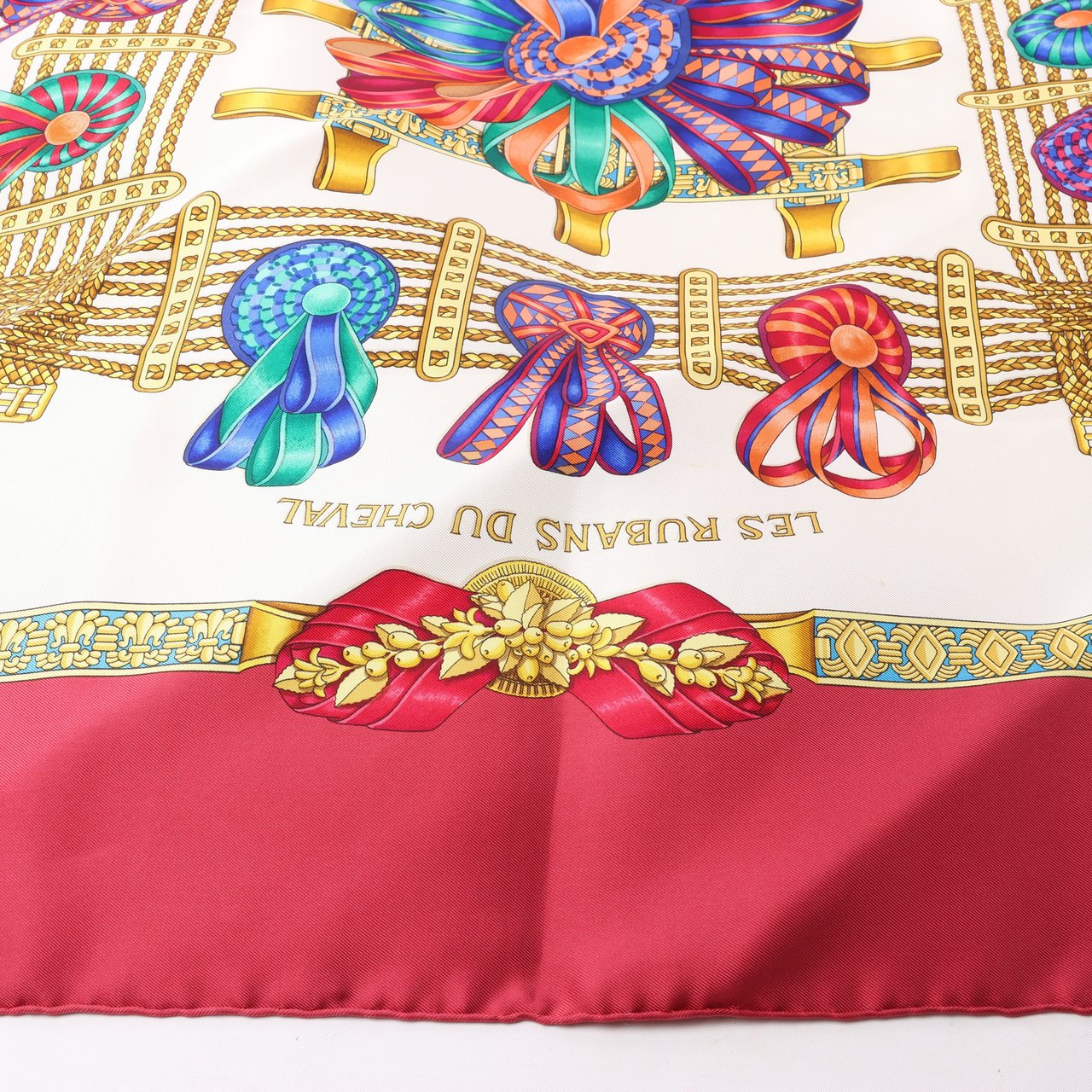 Hermès Hermès Carré 90 "LES RUBANS DU CHEVAL" 100% Silk Scarf in Burgundy Maroon