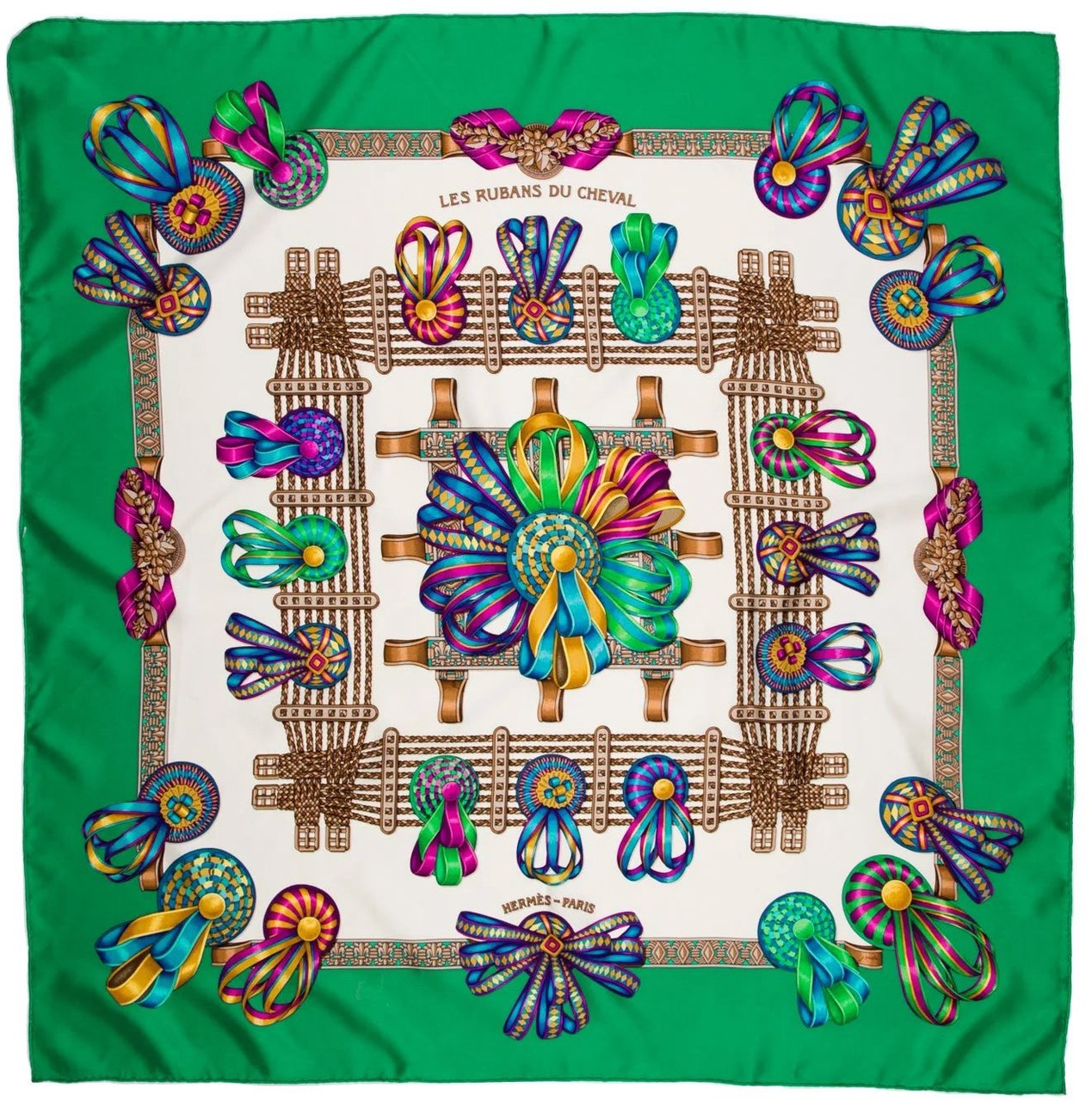 Hermès Hermès Carré 90 "Les Rubans du Cheval" 100% Silk Scarf in Green Groen