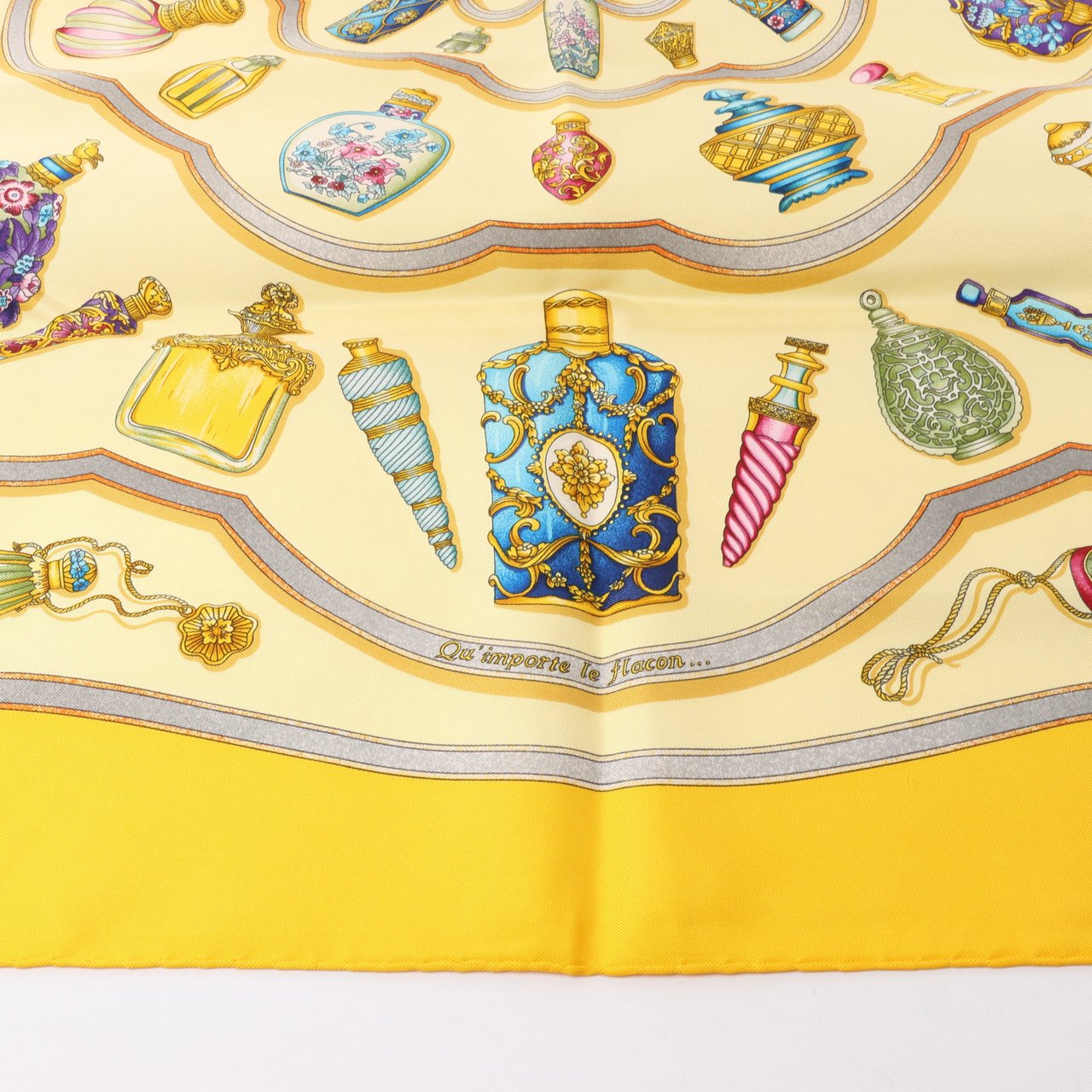 Hermès Hermès Carré 90 "Qu'importe le flacon" 100% Silk Scarf in Yellow Geel