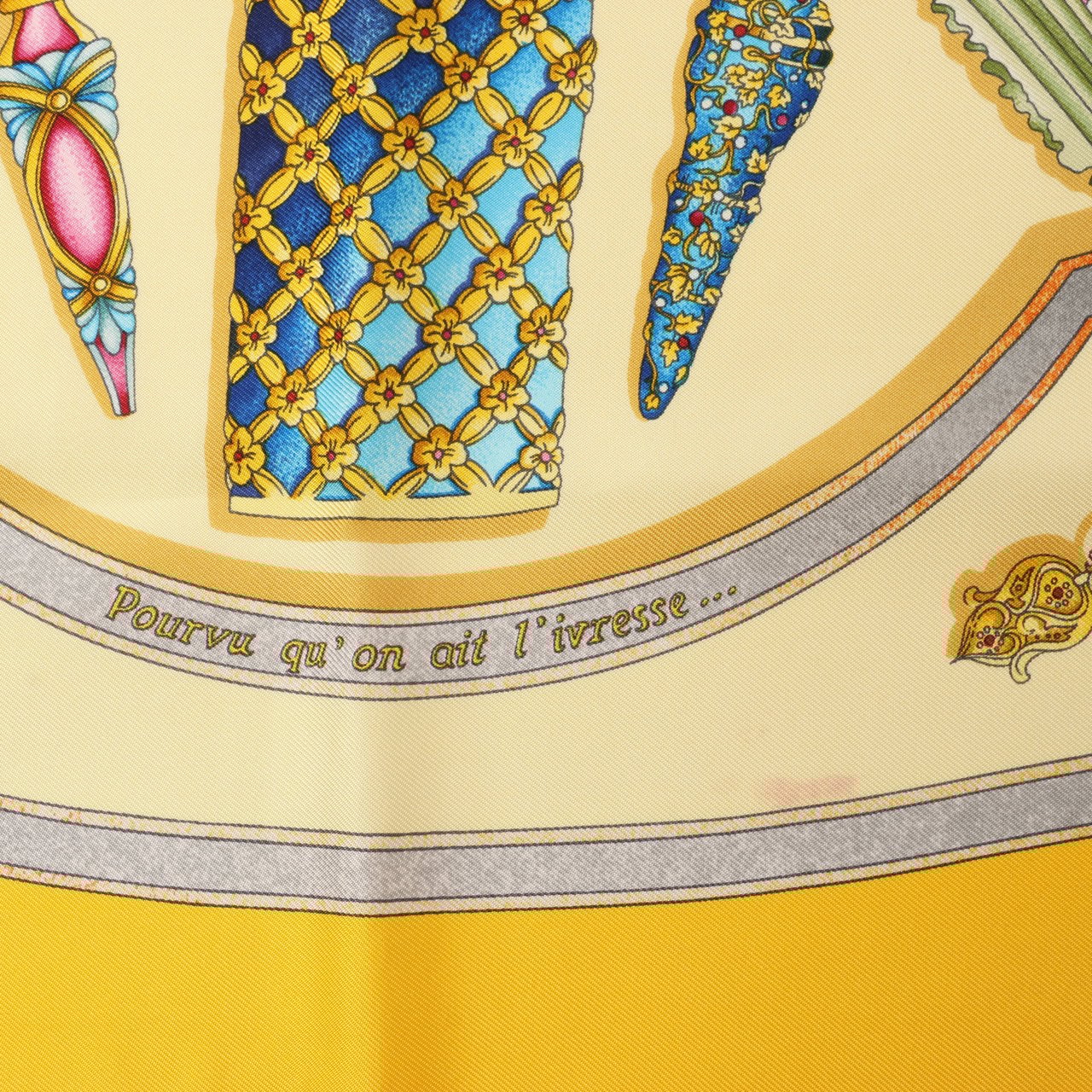 Hermès Hermès Carré 90 "Qu'importe le flacon" 100% Silk Scarf in Yellow Geel