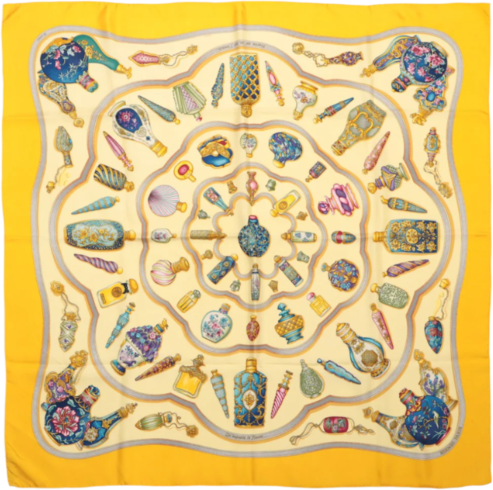 Hermès Hermès Carré 90 "Qu'importe le flacon" 100% Silk Scarf in Yellow Geel