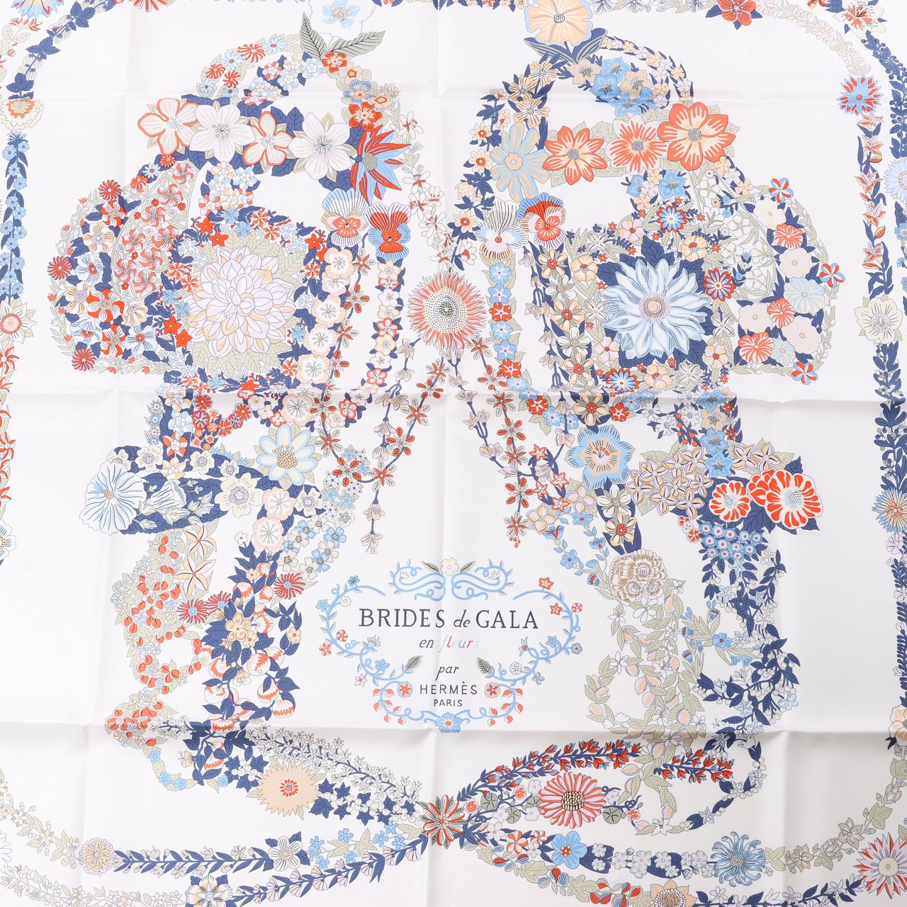 Hermès Hermès Carré 90 "RIDES DE GALA EN FLEURS" 100% Silk Scarf in Beige Beige