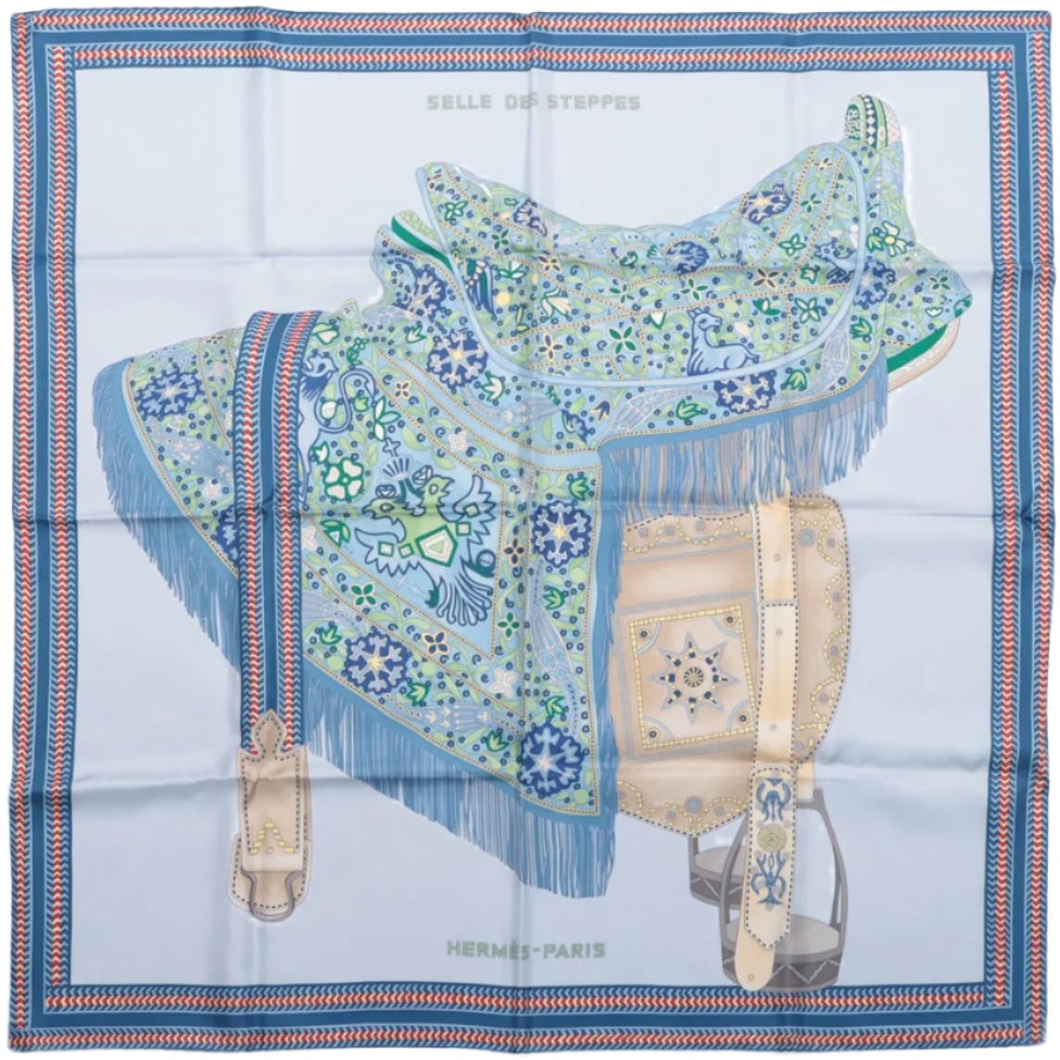 Hermès Hermès Carré 90 "Selle des Steppes" 100% Silk Scarf in Blue Blauw