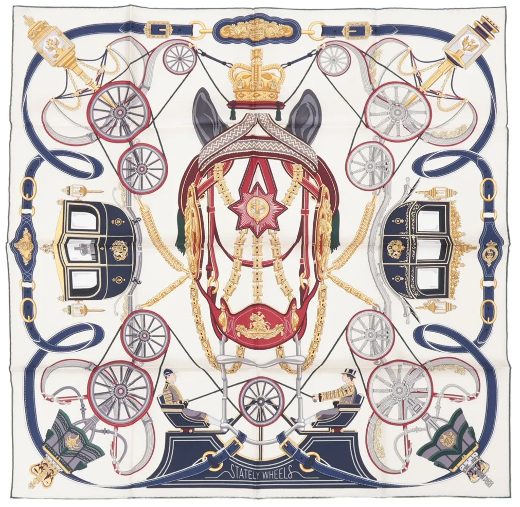 Hermès Hermès Carré 90 "STATELY WHEELS" Silk handkerchief in Ecru x Blue Beige