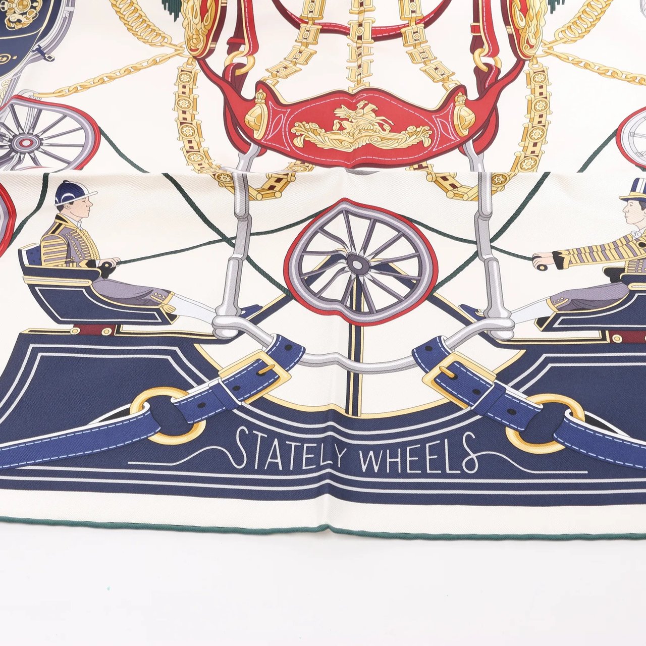 Hermès Hermès Carré 90 "STATELY WHEELS" Silk handkerchief in Ecru x Blue Beige