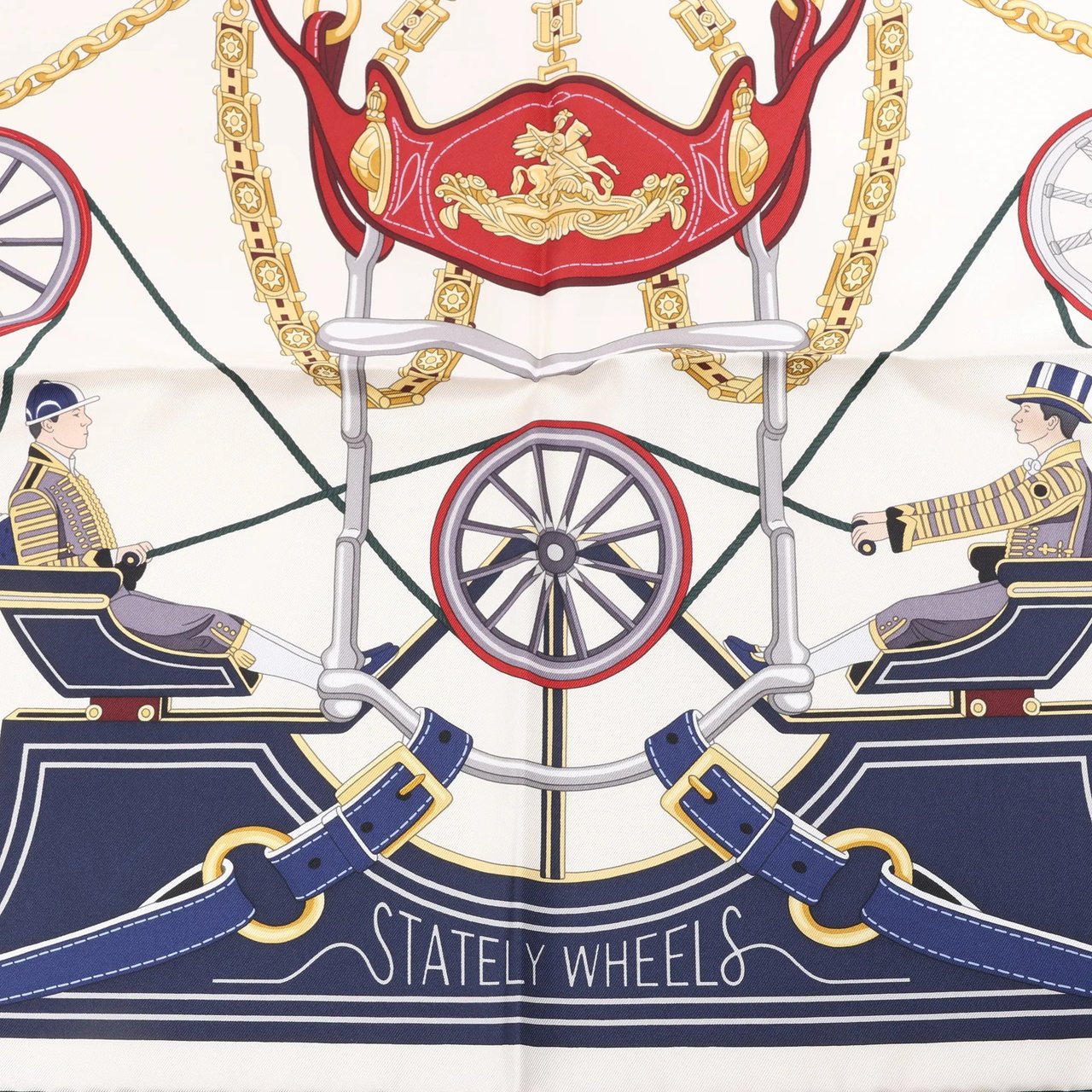 Hermès Hermès Carré 90 "STATELY WHEELS" Silk handkerchief in Ecru x Blue Beige