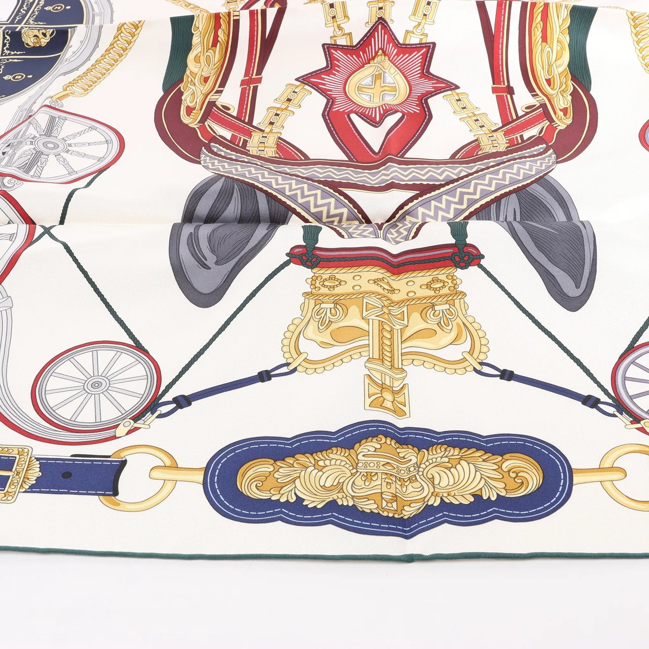 Hermès Hermès Carré 90 "STATELY WHEELS" Silk handkerchief in Ecru x Blue Beige