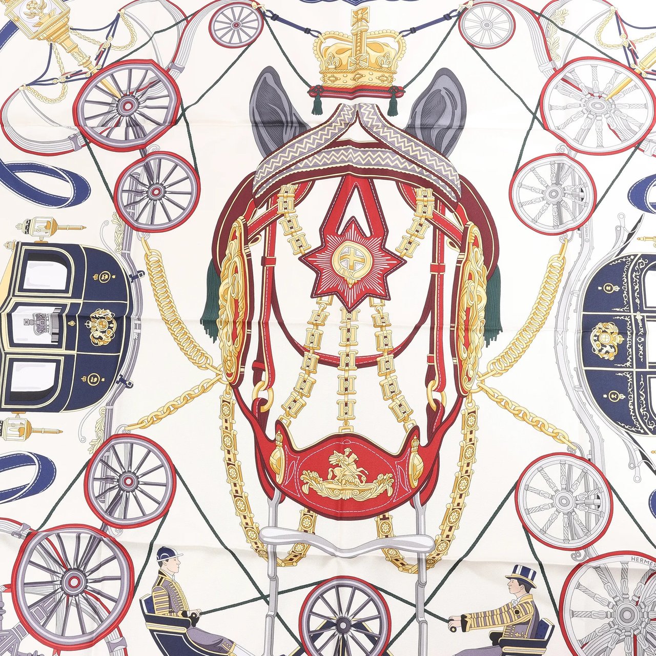 Hermès Hermès Carré 90 "STATELY WHEELS" Silk handkerchief in Ecru x Blue Beige