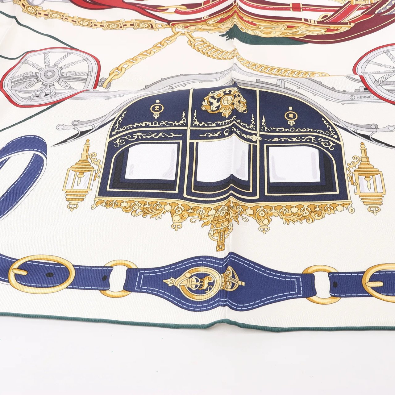 Hermès Hermès Carré 90 "STATELY WHEELS" Silk handkerchief in Ecru x Blue Beige