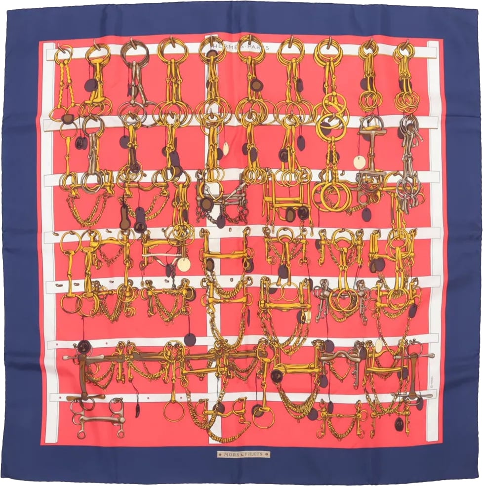 Hermès Hermès Carré 90 "MORS&FILETS" Silk handkerchief in Red x Navy Blue Rood
