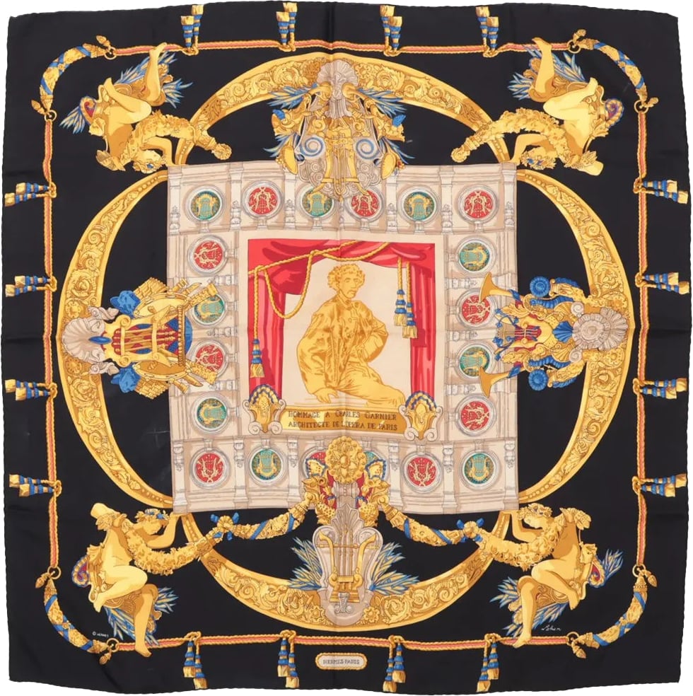 Hermès Hermès Carré 90 "HOMMAGE A CHARLES GARNIER" Silk handkerchief in Black Zwart