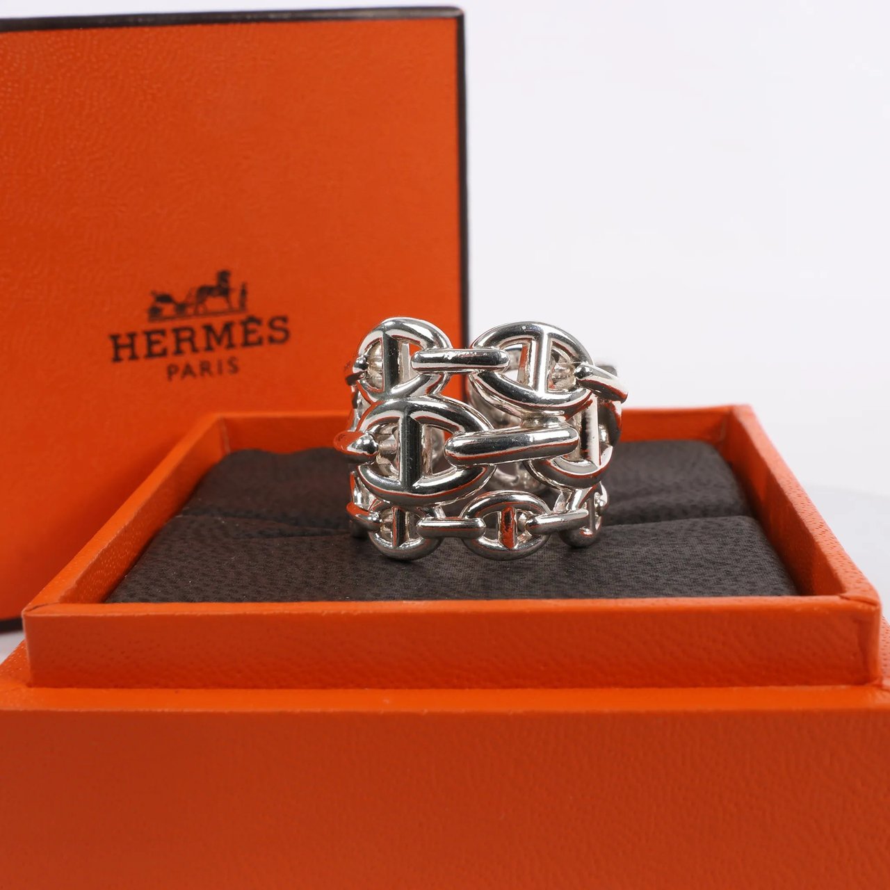 Hermès Hermes Chaîne d'Ancre Enchaînée Silver Ring, Size 54 EU Zilver