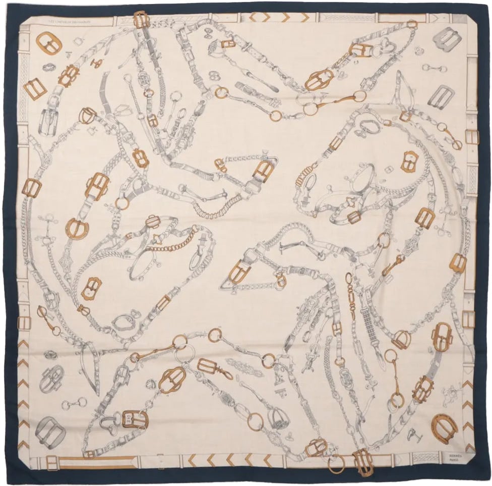 Hermès Hermès Carré Géant "Malines Chevaux Déchène" Cashmere & Silk handkerchief in Beige x Navy Blue Beige
