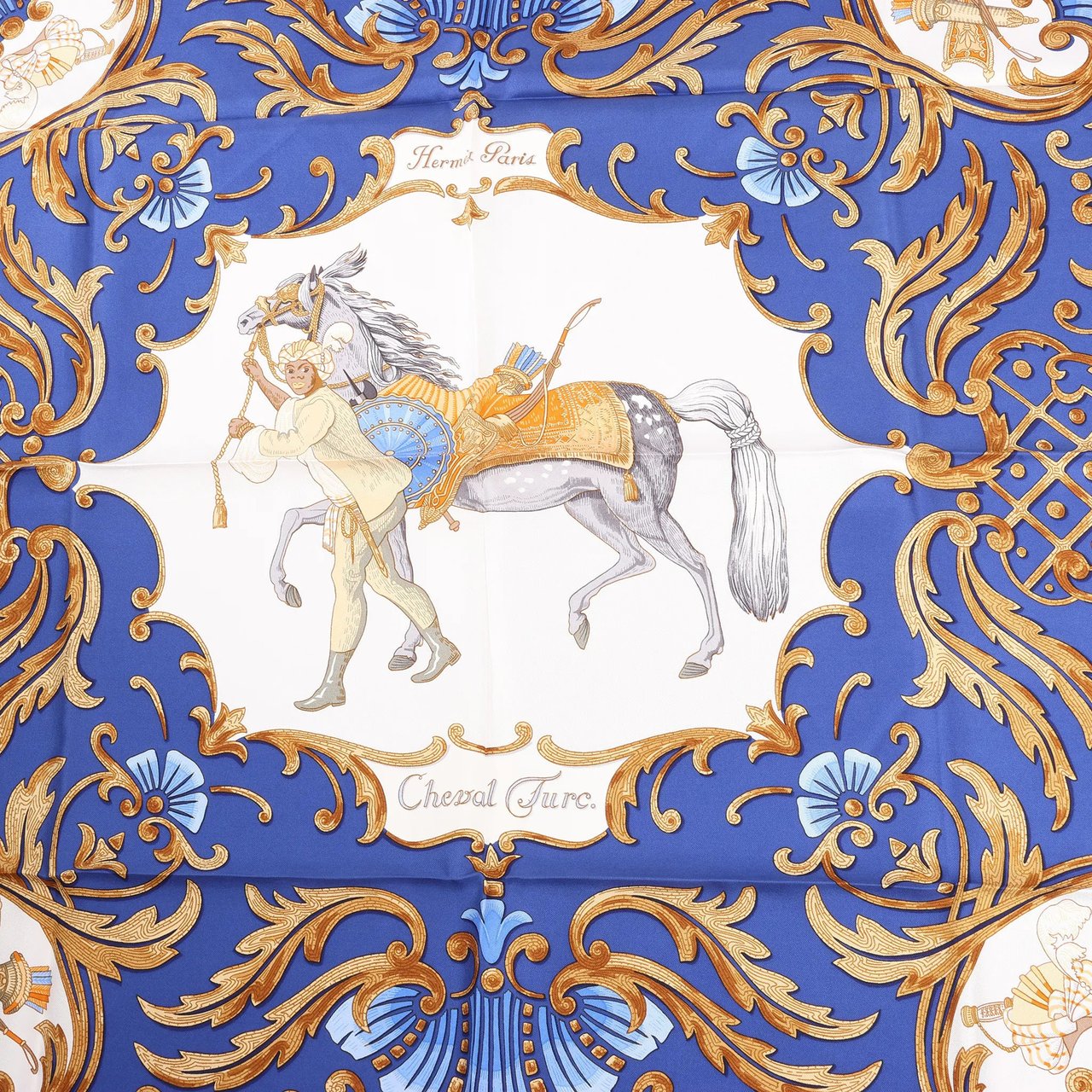 Hermès Hermès Carré 90 "Cheval Turc" Silk handkerchief in Blue Rood