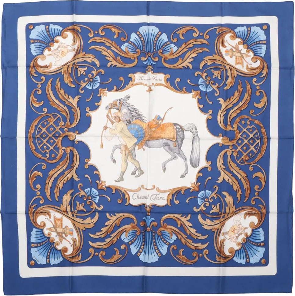Hermès Hermès Carré 90 "Cheval Turc" Silk handkerchief in Blue Rood