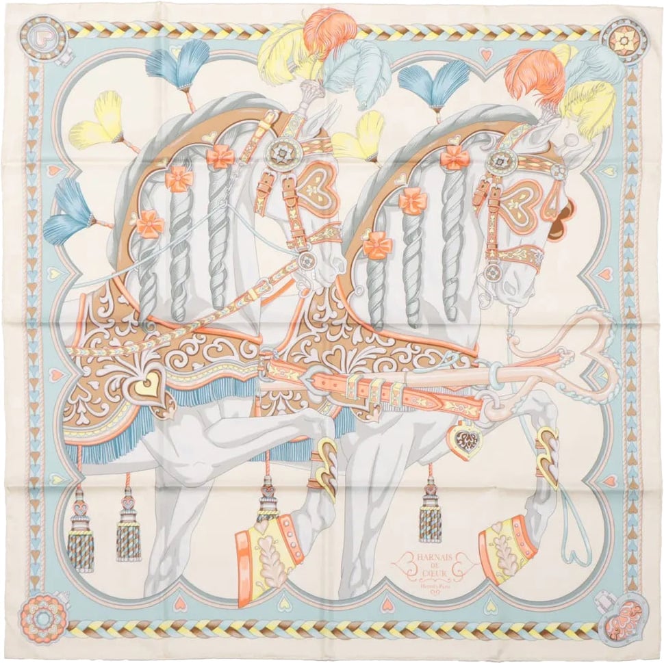 Hermès Hermes Carré 90 "HARNAIS DE COEUR" Silk handkerchief in Multicolor Divers