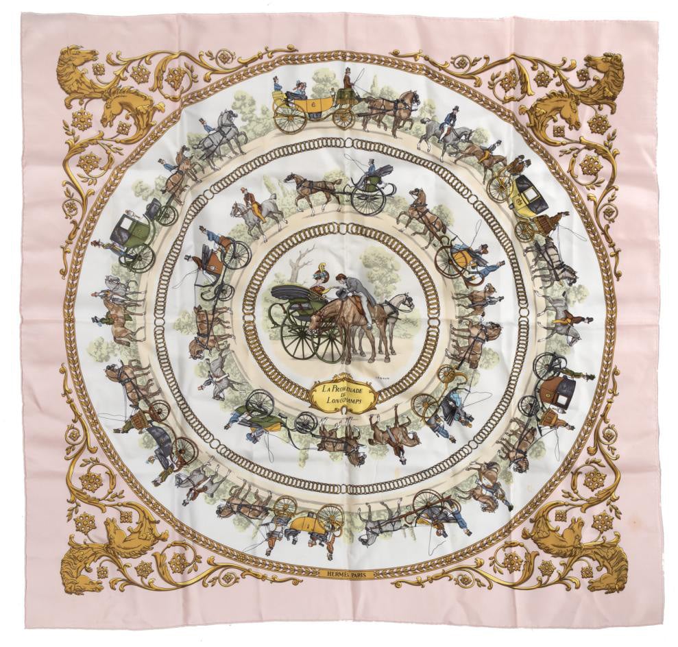 Hermès Hermès Carré 90 "LA PROMENADE DE LONGCHAMPS" Silk handkerchief in Pink Roze