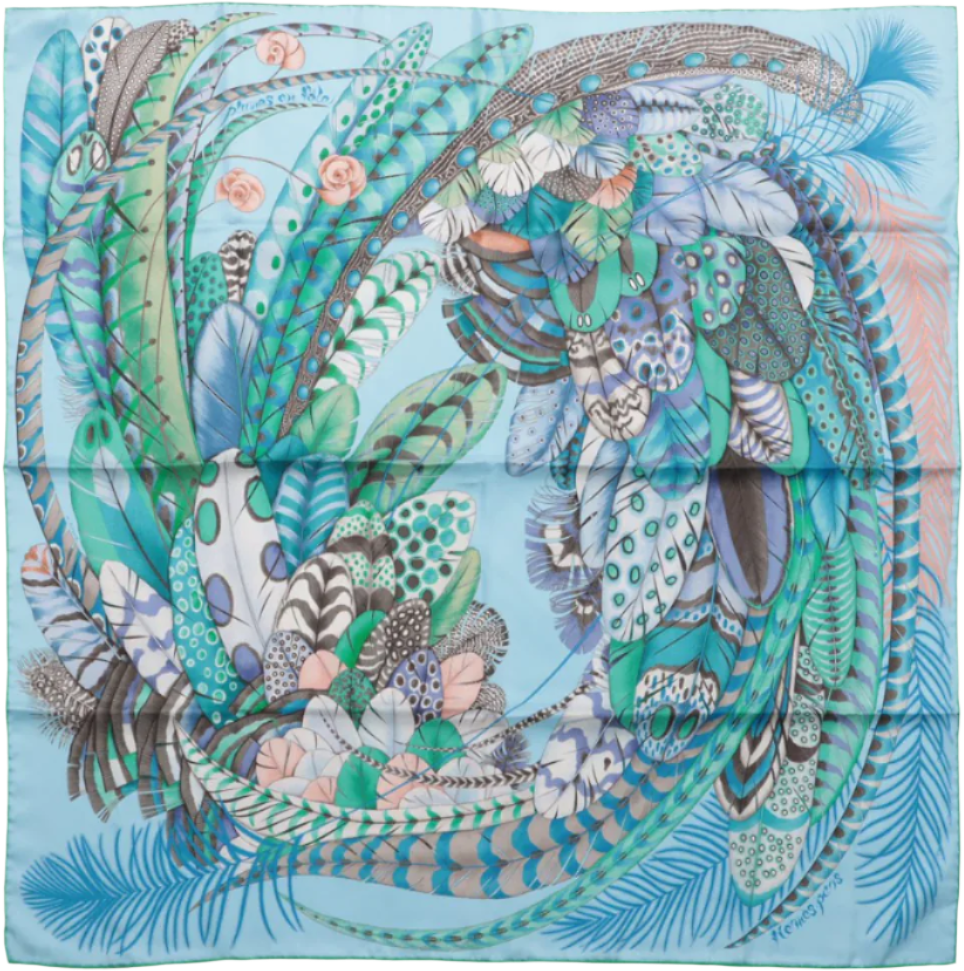 Hermès Hermès Carré 90 "PLUMES EN FETE" 100% Silk Scarf in Blue Blauw