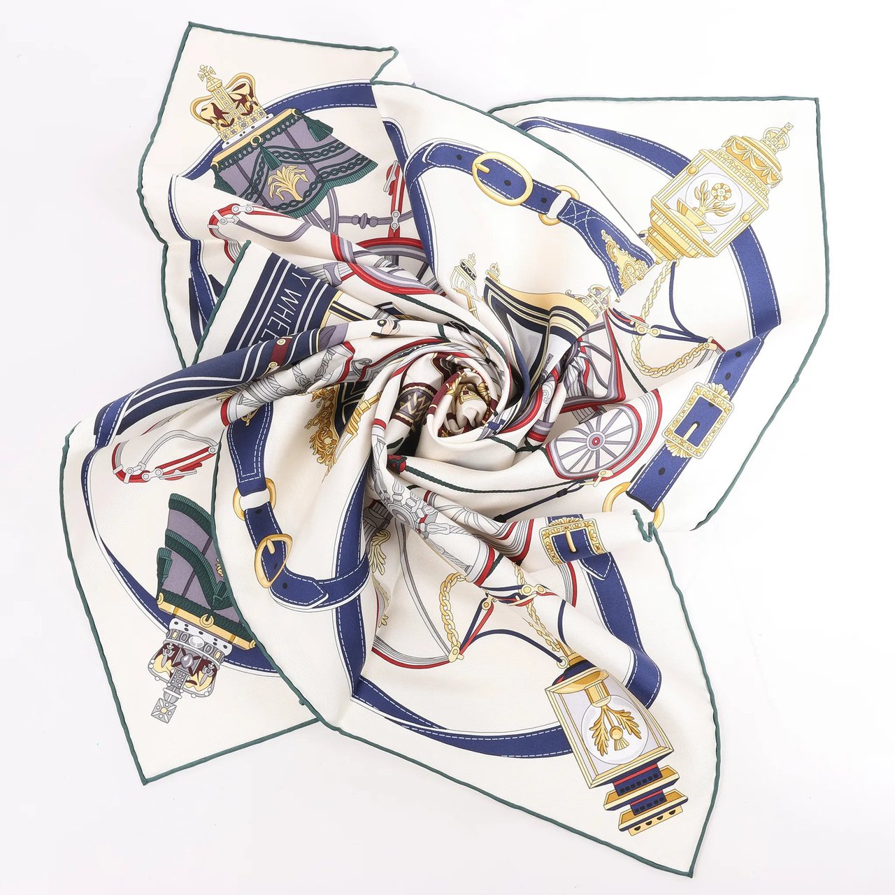 Hermès Hermès Carré 90 "STATELY WHEELS" Silk handkerchief in Ecru x Blue Beige