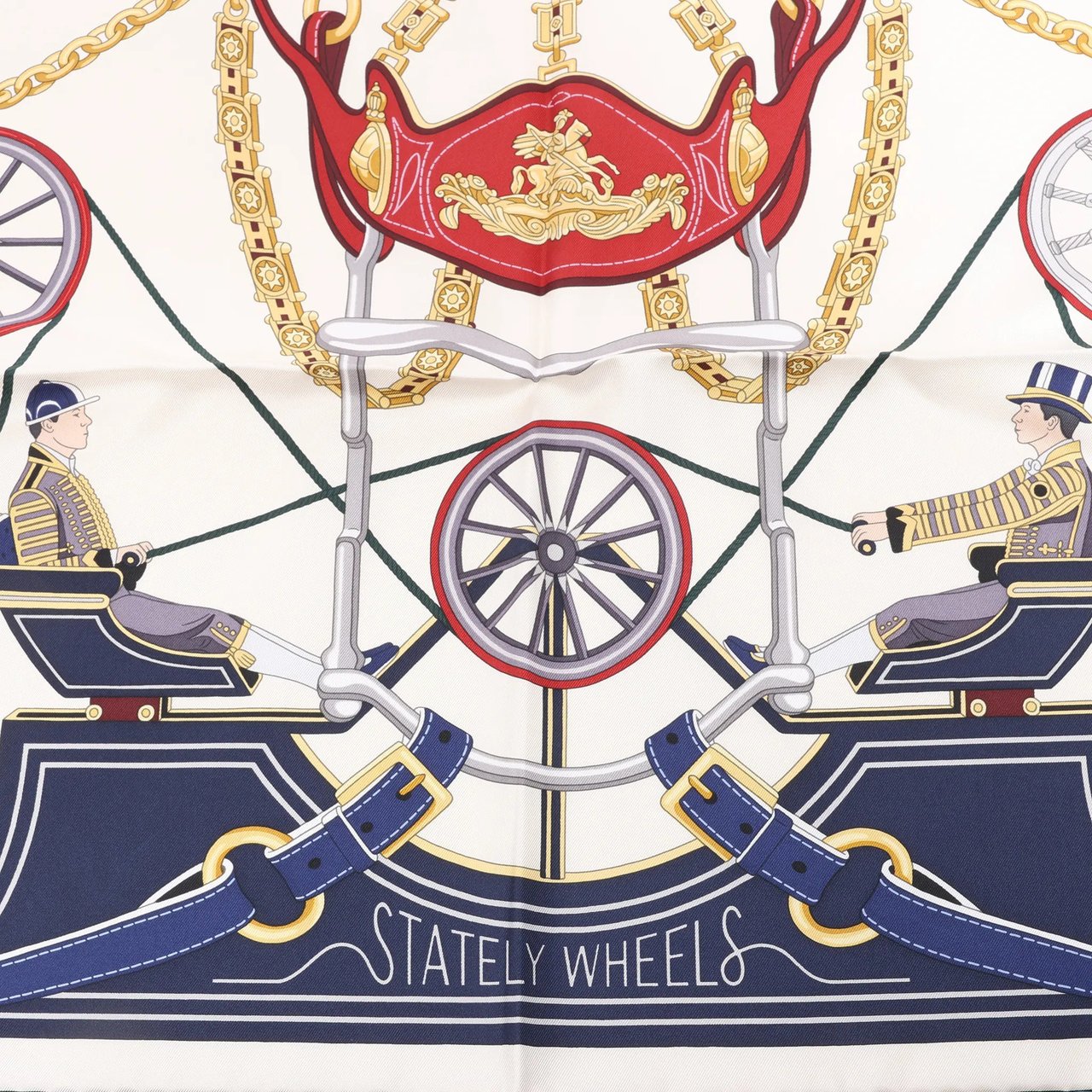 Hermès Hermès Carré 90 "STATELY WHEELS" Silk handkerchief in Ecru x Blue Beige