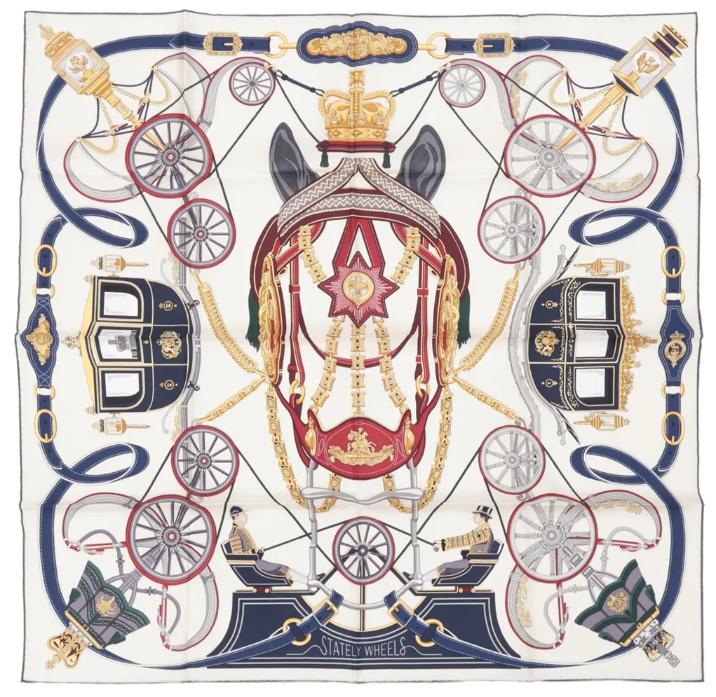 Hermès Hermès Carré 90 "STATELY WHEELS" Silk handkerchief in Ecru x Blue Beige