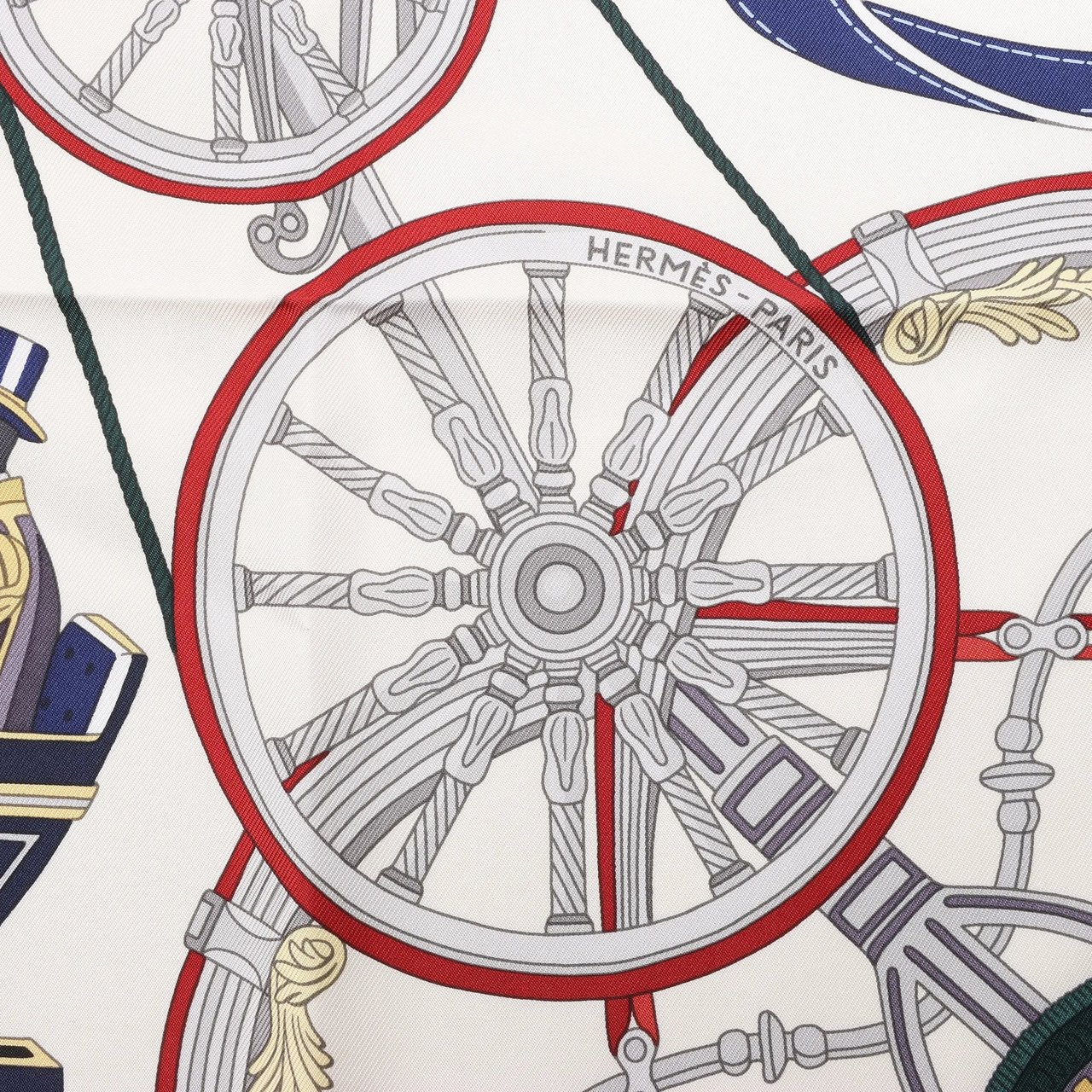 Hermès Hermès Carré 90 "STATELY WHEELS" Silk handkerchief in Ecru x Blue Beige