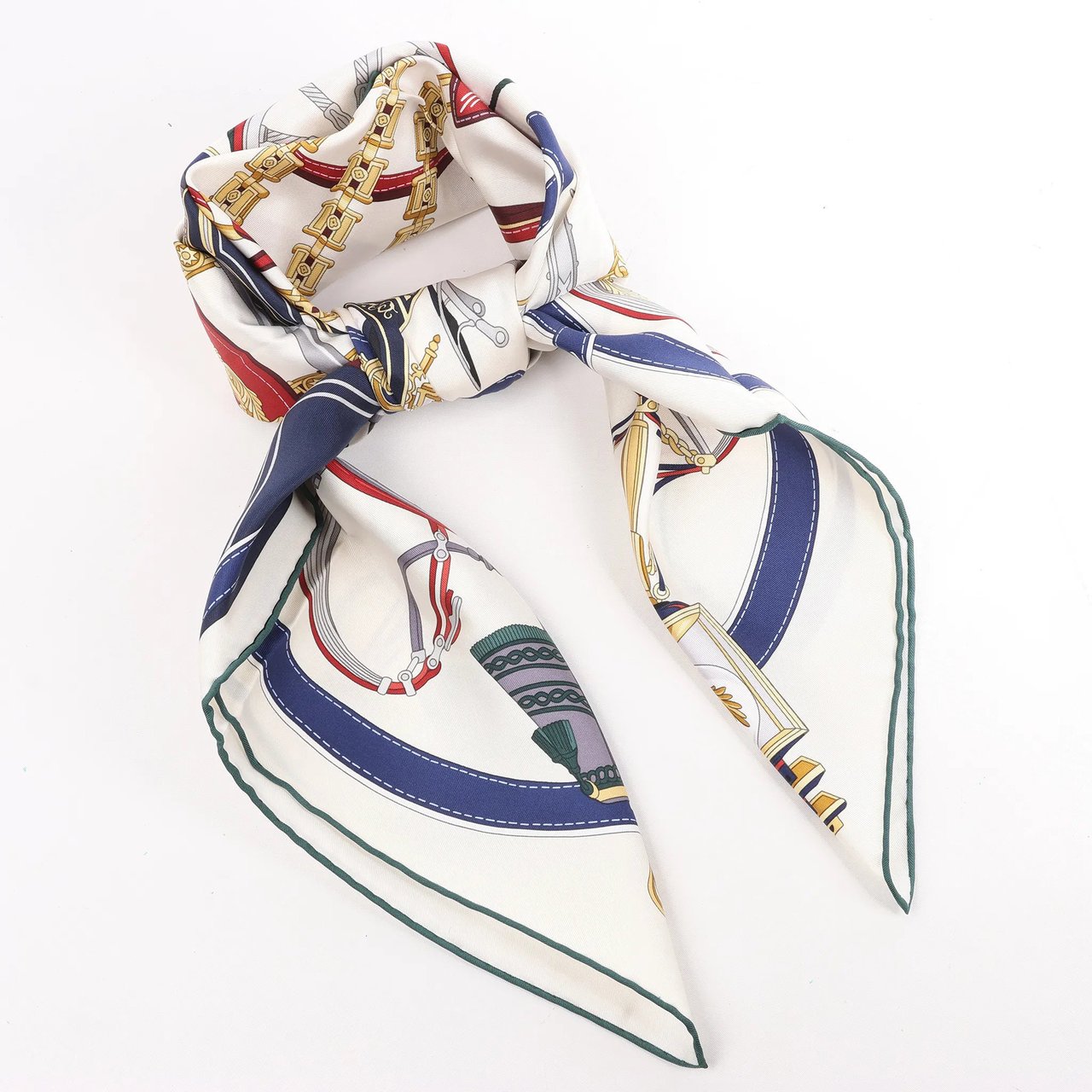 Hermès Hermès Carré 90 "STATELY WHEELS" Silk handkerchief in Ecru x Blue Beige