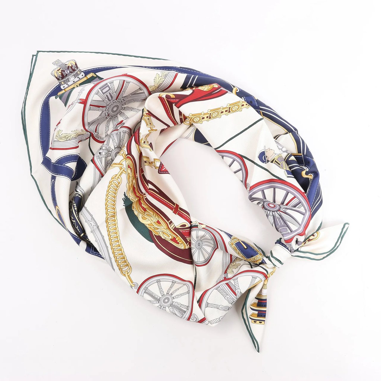 Hermès Hermès Carré 90 "STATELY WHEELS" Silk handkerchief in Ecru x Blue Beige