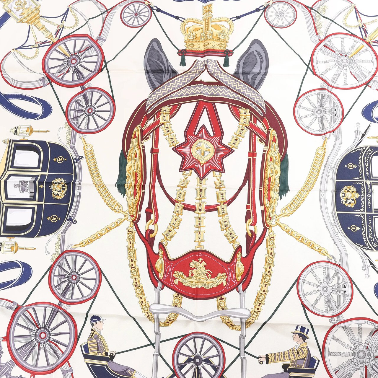 Hermès Hermès Carré 90 "STATELY WHEELS" Silk handkerchief in Ecru x Blue Beige