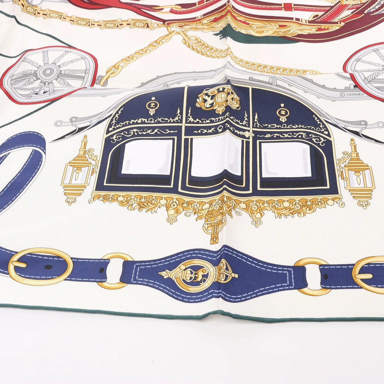 Hermès Hermès Carré 90 "STATELY WHEELS" Silk handkerchief in Ecru x Blue Beige