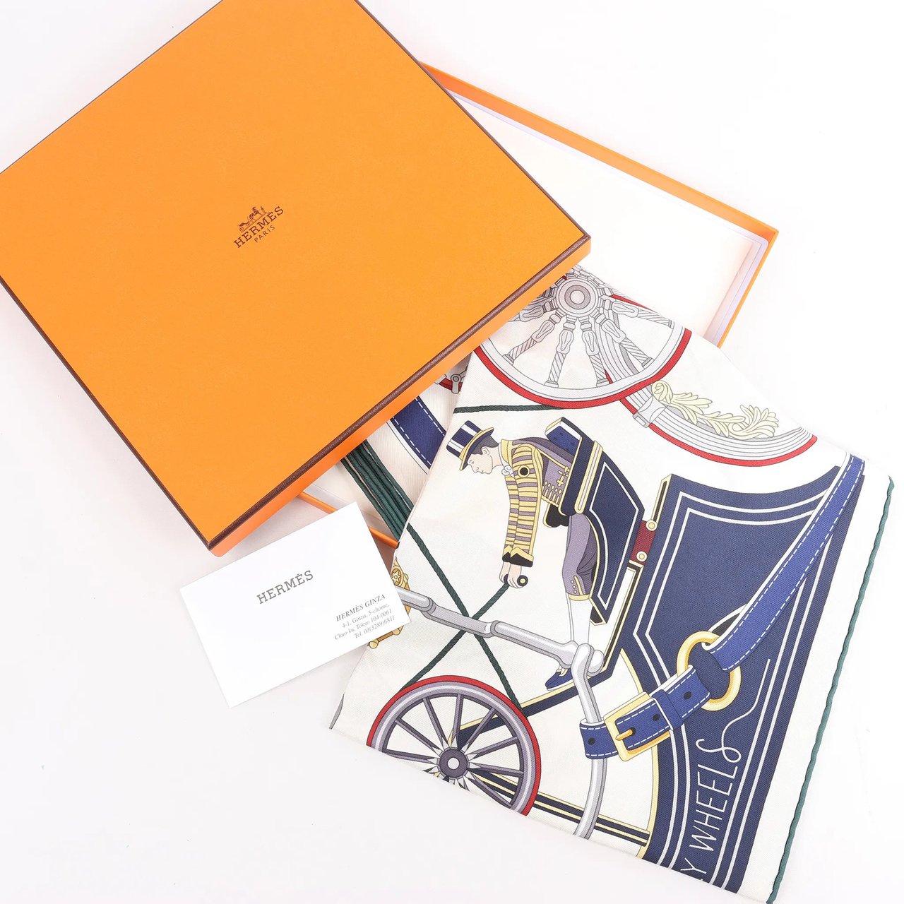 Hermès Hermès Carré 90 "STATELY WHEELS" Silk handkerchief in Ecru x Blue Beige