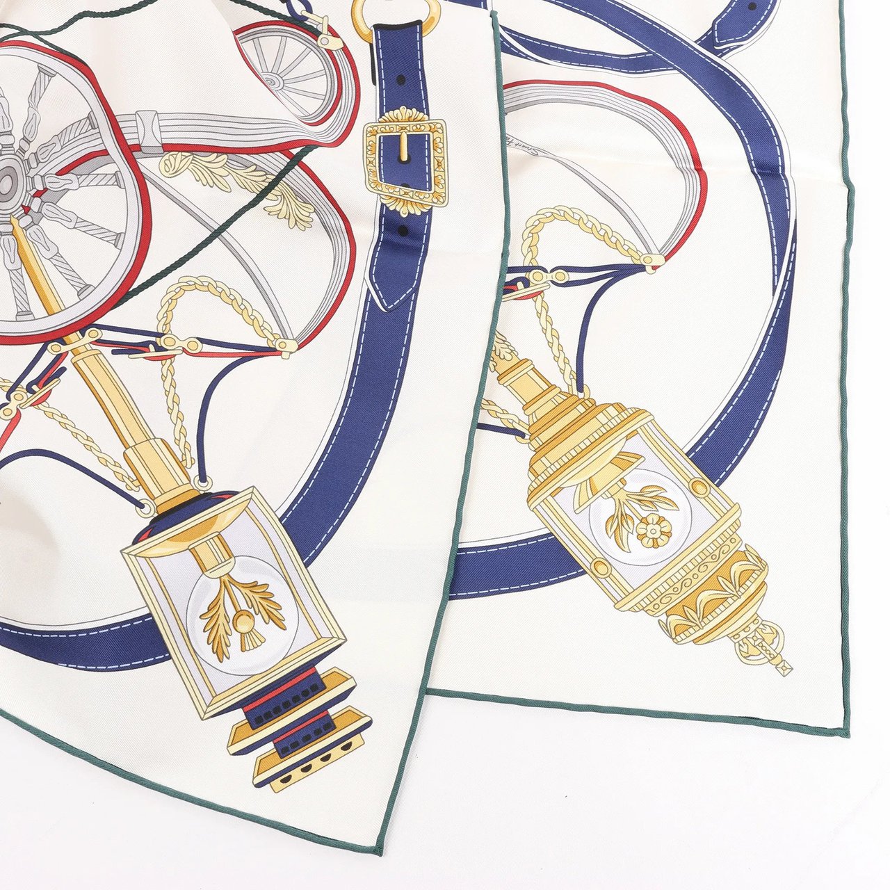 Hermès Hermès Carré 90 "STATELY WHEELS" Silk handkerchief in Ecru x Blue Beige