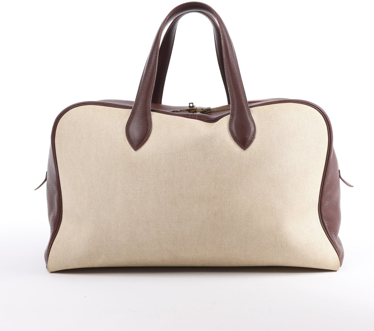 Hermès HERMES Victoria 43 Taurillon x Toile Travel Bag in Brown x Beige Divers