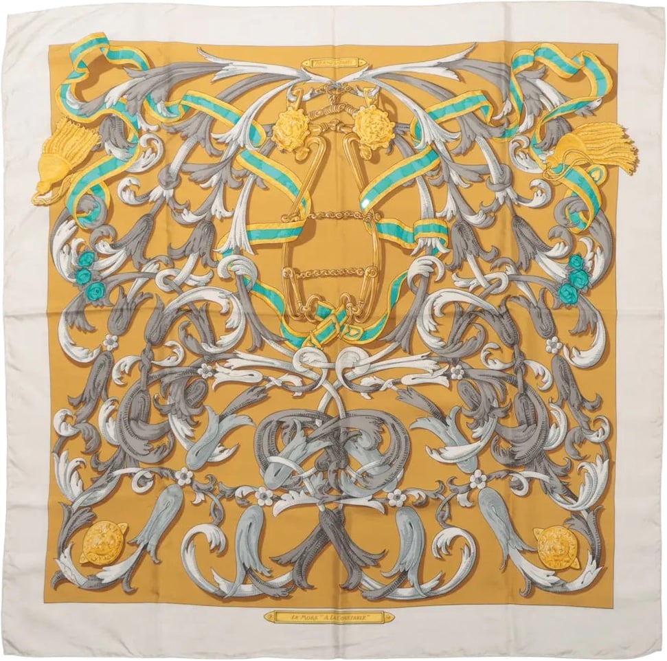 Hermès Hermes Carré 90 "LE MORS A LA CONETABLE" Silk handkerchief in Yellow Geel