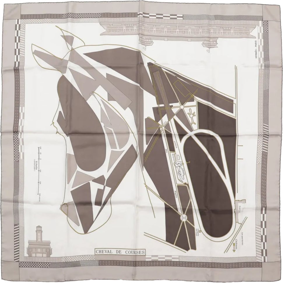 Hermès Hermès Carré 90 "CHEVAL DE COURSES" Silk handkerchief in Gray Grijs