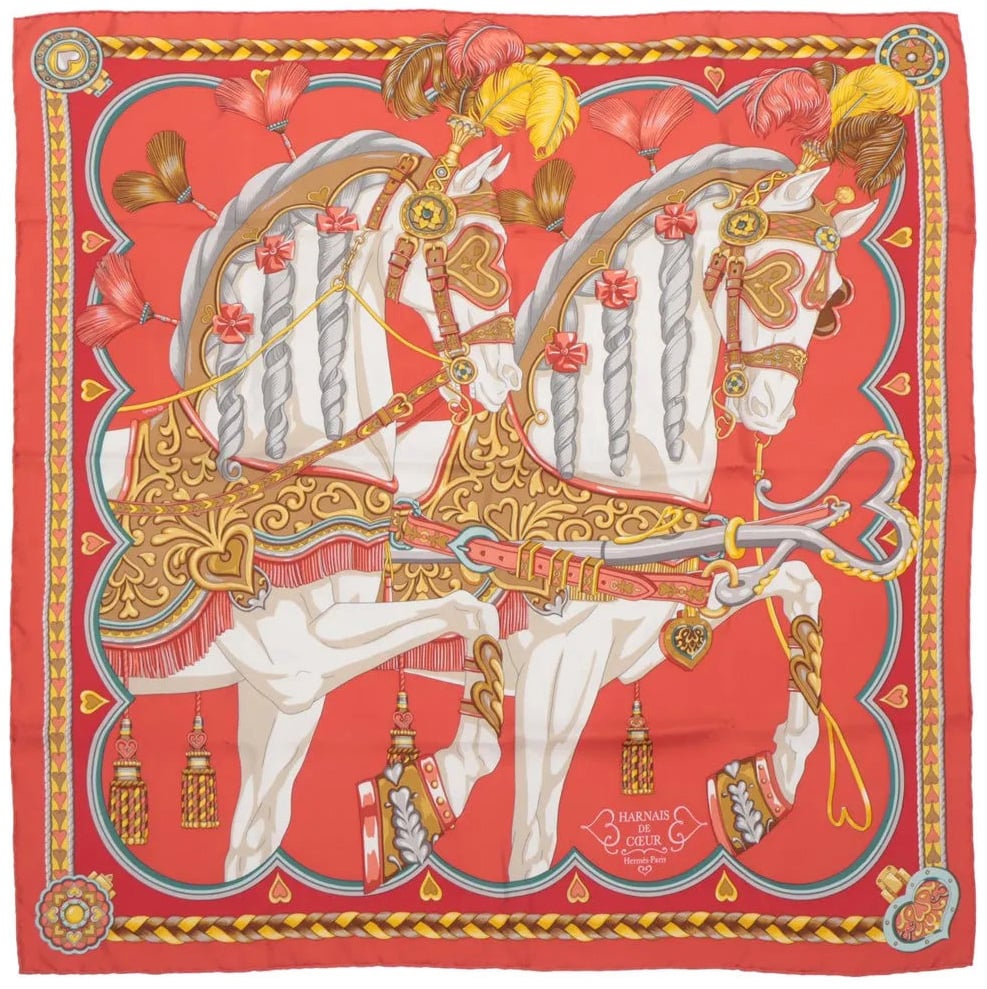 Hermès Hermès Carré 90 "HARNAIS DE COEUR" Silk handkerchief in Red Rood