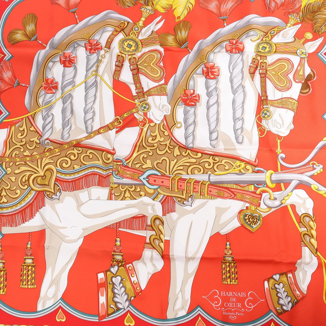 Hermès Hermès Carré 90 "HARNAIS DE COEUR" Silk handkerchief in Red Rood