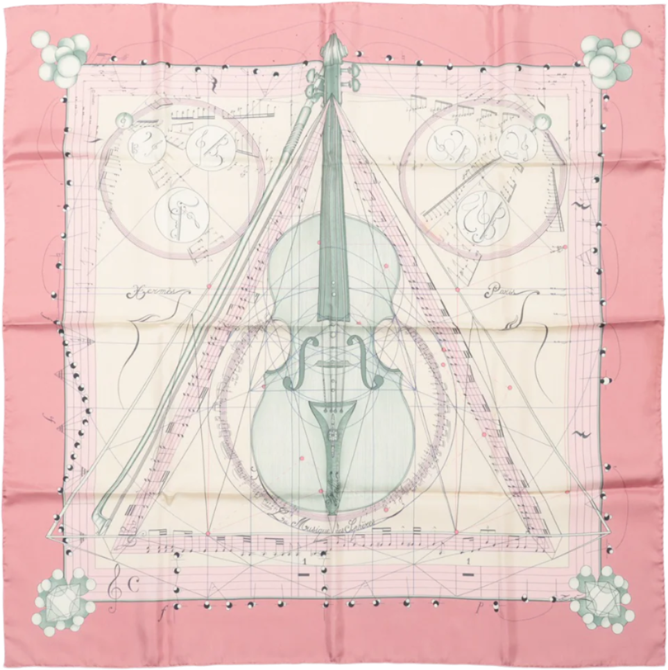 Hermès Hermès Carré 90 "La Musique Des Spheres" 100% Silk Scarf in Pink Roze