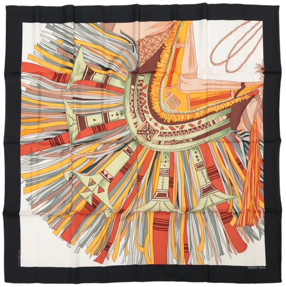 Hermès Hermès Carré 90 "CUIRS DU DESERT" Silk handkerchief in Black x Orange Divers