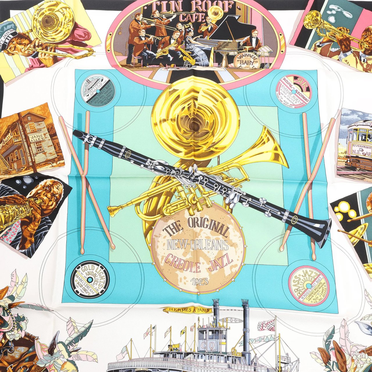 Hermès Hermès Carré 90 "THE ORIGINAL NEW ORLEANS CREOLE JAZZ 1923" Silk handkerchief in Green Divers