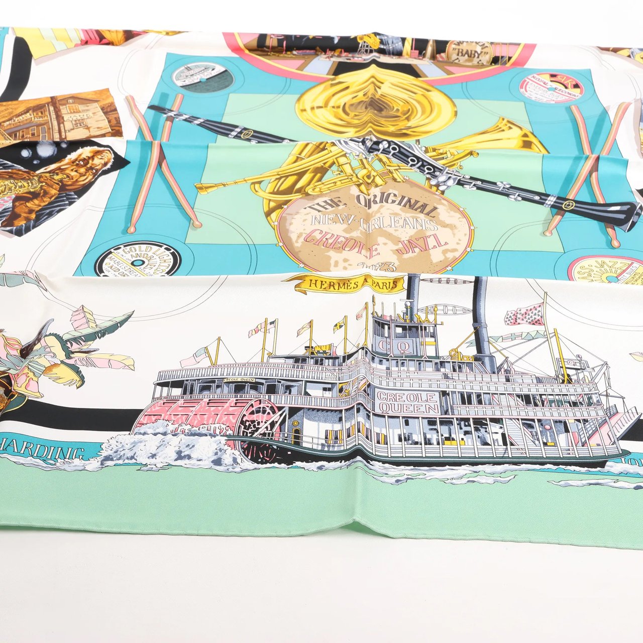 Hermès Hermès Carré 90 "THE ORIGINAL NEW ORLEANS CREOLE JAZZ 1923" Silk handkerchief in Green Divers