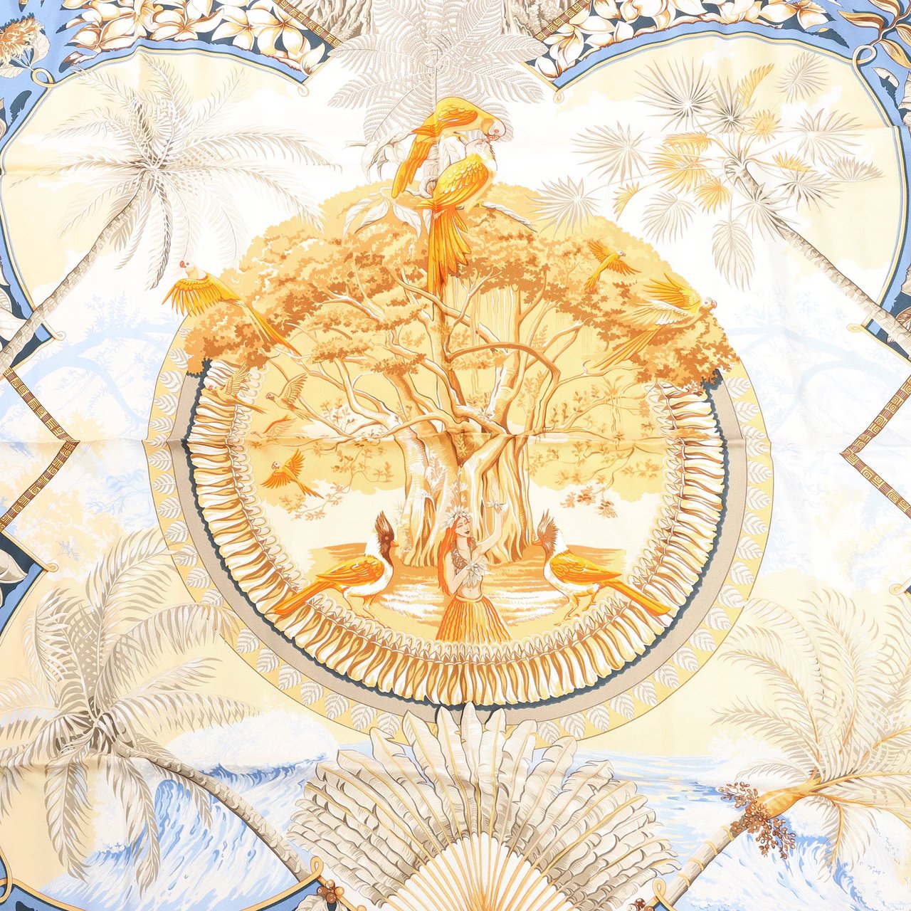 Hermès Hermès Carré 90 "ALOHA" Silk handkerchief in Navy Blue x Beige Divers