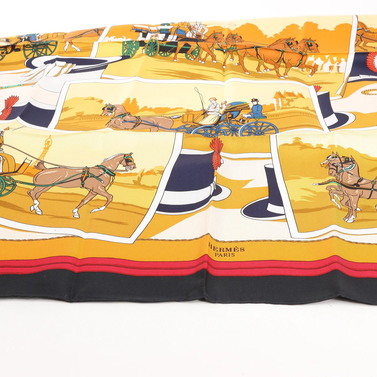 Hermès Hermès Carré 90 "Carriage and Hat" Silk handkerchief in Black x Orange Divers