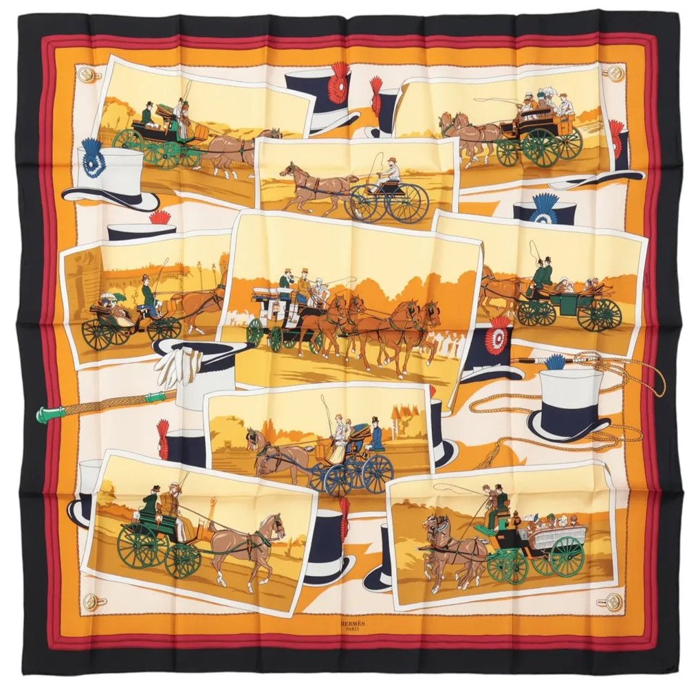 Hermès Hermès Carré 90 "Carriage and Hat" Silk handkerchief in Black x Orange Divers